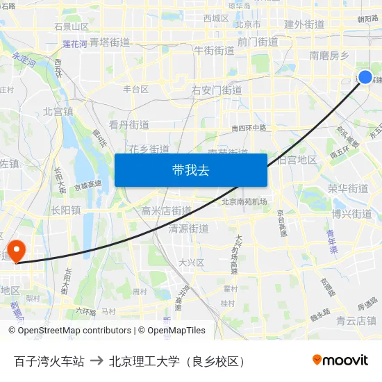 百子湾火车站 to 北京理工大学（良乡校区） map