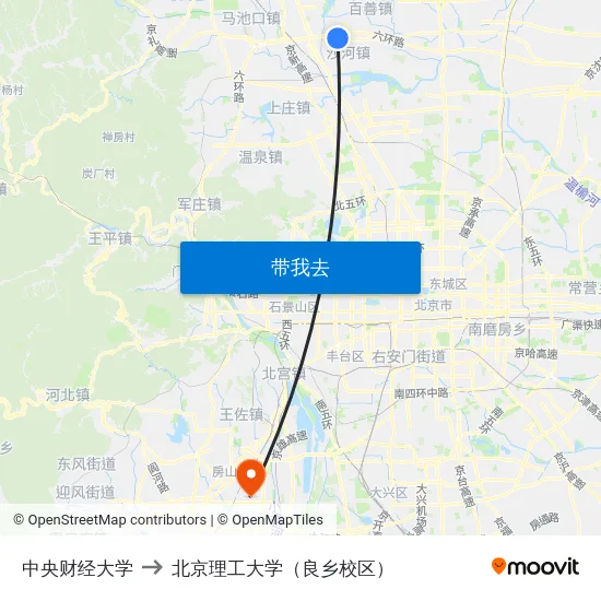 中央财经大学 to 北京理工大学（良乡校区） map