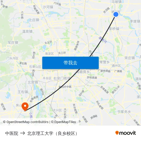中医院 to 北京理工大学（良乡校区） map
