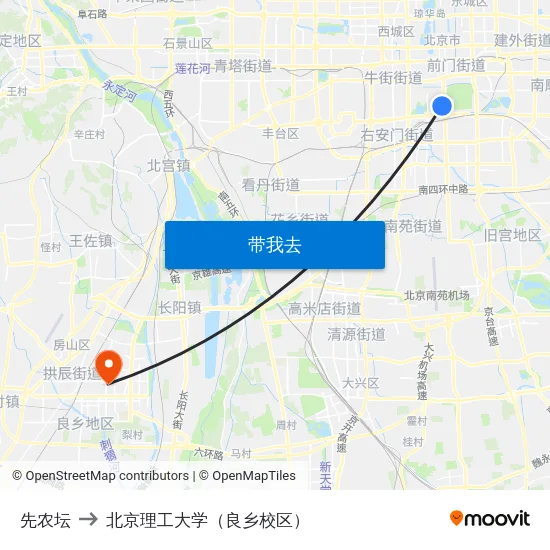 先农坛 to 北京理工大学（良乡校区） map