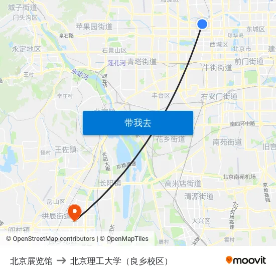 北京展览馆 to 北京理工大学（良乡校区） map