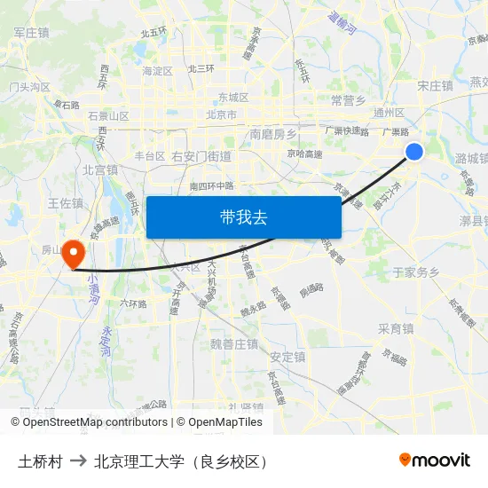 土桥村 to 北京理工大学（良乡校区） map