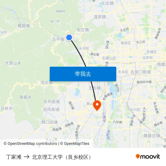 丁家滩 to 北京理工大学（良乡校区） map