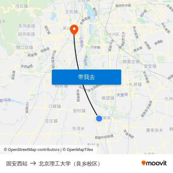 固安西站 to 北京理工大学（良乡校区） map