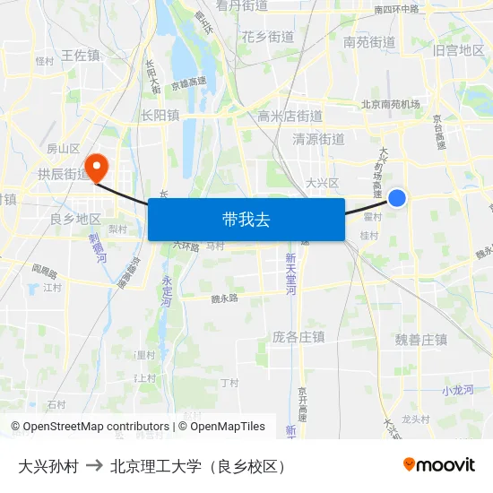 大兴孙村 to 北京理工大学（良乡校区） map