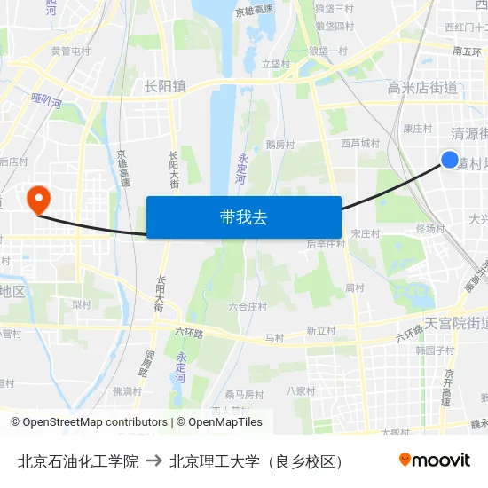 北京石油化工学院 to 北京理工大学（良乡校区） map