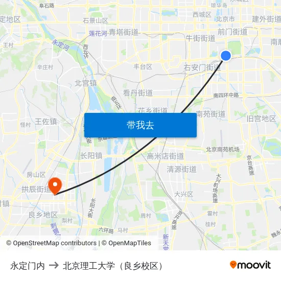 永定门内 to 北京理工大学（良乡校区） map