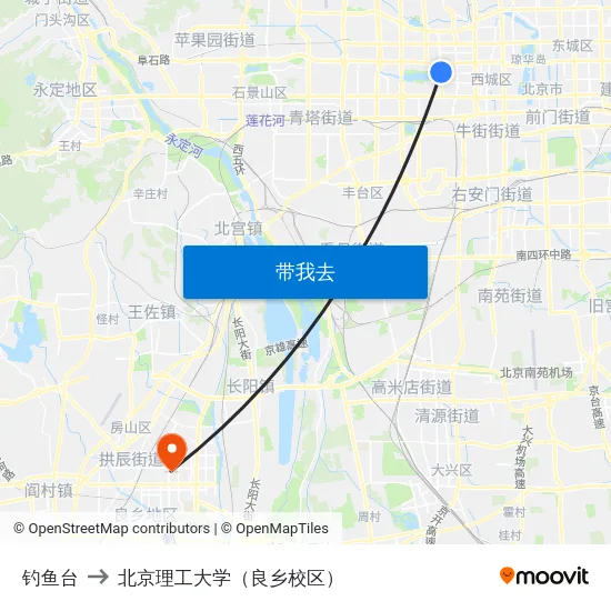 钓鱼台 to 北京理工大学（良乡校区） map