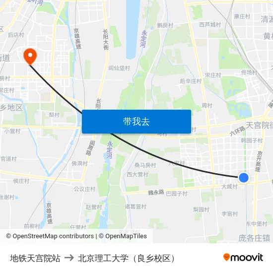 地铁天宫院站 to 北京理工大学（良乡校区） map