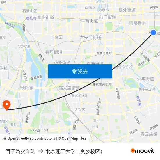 百子湾火车站 to 北京理工大学（良乡校区） map