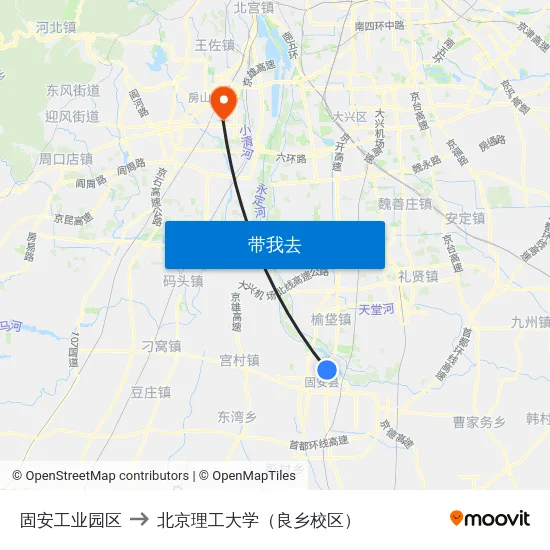 固安工业园区 to 北京理工大学（良乡校区） map