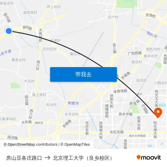 房山豆各庄路口 to 北京理工大学（良乡校区） map