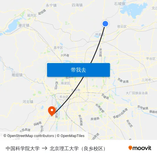 中国科学院大学 to 北京理工大学（良乡校区） map