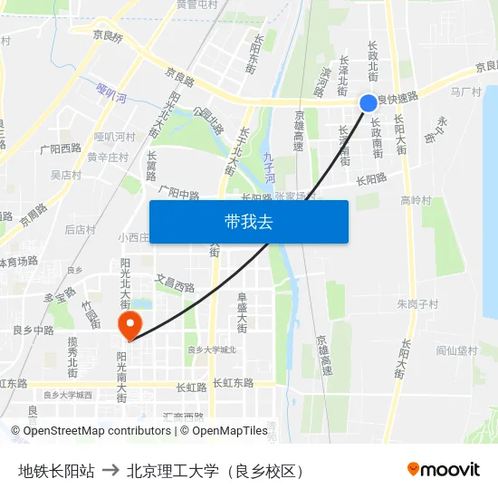 地铁长阳站 to 北京理工大学（良乡校区） map
