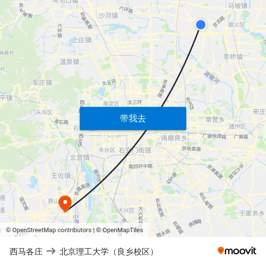 西马各庄 to 北京理工大学（良乡校区） map