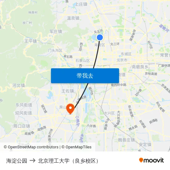 海淀公园 to 北京理工大学（良乡校区） map