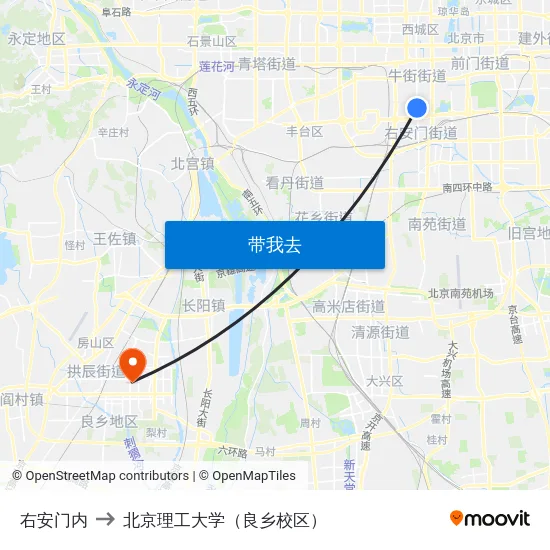 右安门内 to 北京理工大学（良乡校区） map