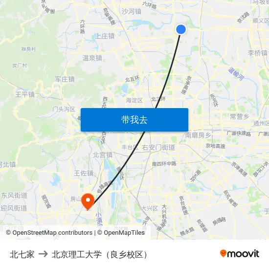 北七家 to 北京理工大学（良乡校区） map