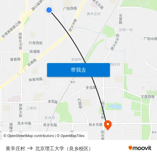 黄辛庄村 to 北京理工大学（良乡校区） map