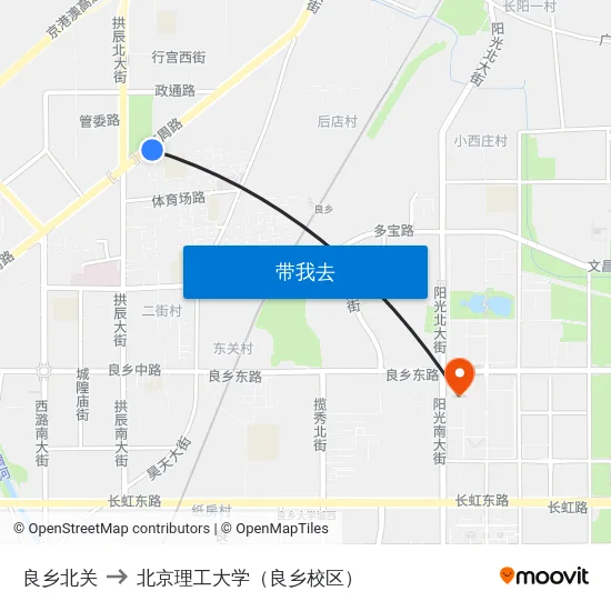 良乡北关 to 北京理工大学（良乡校区） map