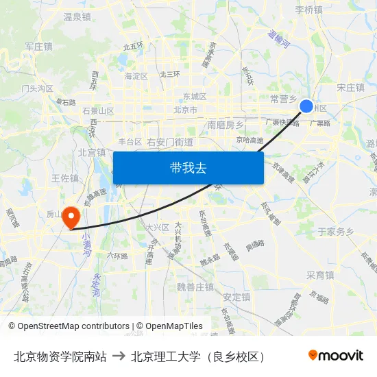 北京物资学院南站 to 北京理工大学（良乡校区） map