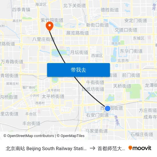 北京南站 Beijing South Railway Station to 首都师范大学 map