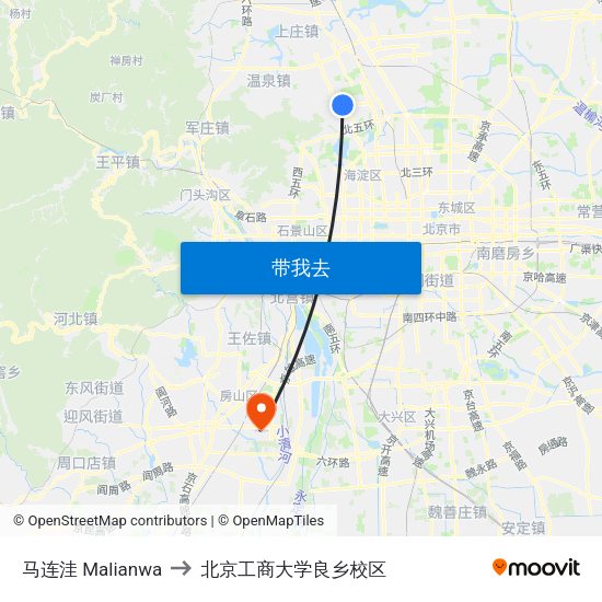 马连洼 Malianwa to 北京工商大学良乡校区 map