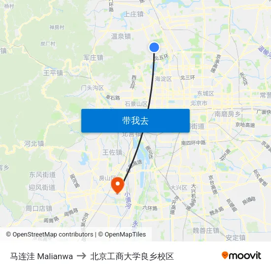 马连洼 Malianwa to 北京工商大学良乡校区 map