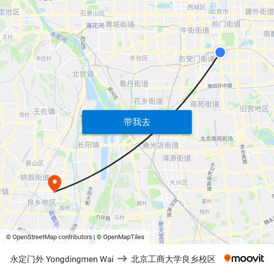 永定门外 Yongdingmen Wai to 北京工商大学良乡校区 map