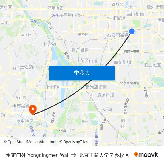 永定门外 Yongdingmen Wai to 北京工商大学良乡校区 map