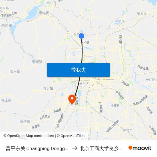 昌平东关 Changping Dongguan to 北京工商大学良乡校区 map