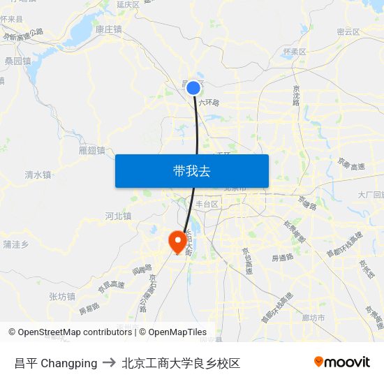 昌平 Changping to 北京工商大学良乡校区 map