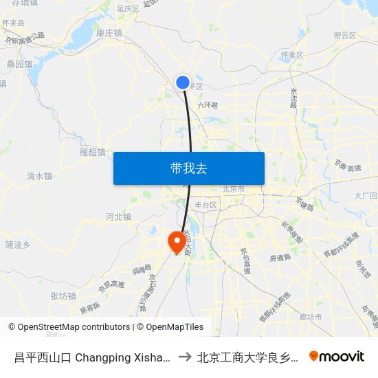 昌平西山口 Changping Xishankou to 北京工商大学良乡校区 map