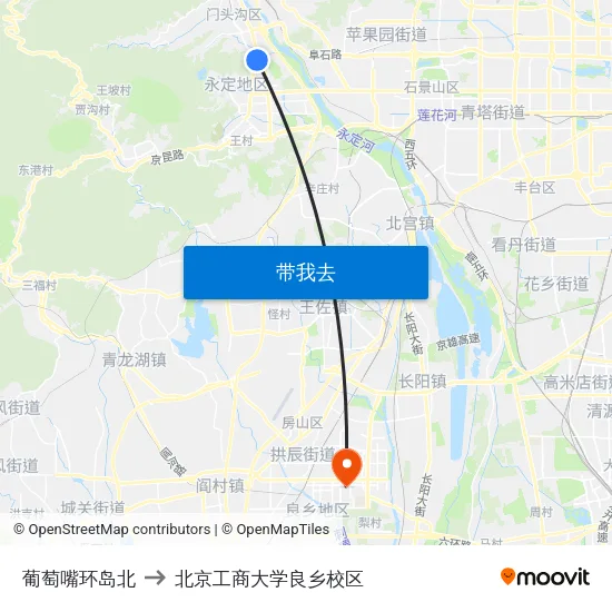 葡萄嘴环岛北 to 北京工商大学良乡校区 map