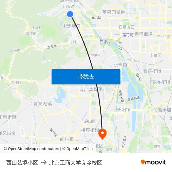 西山艺境小区 to 北京工商大学良乡校区 map