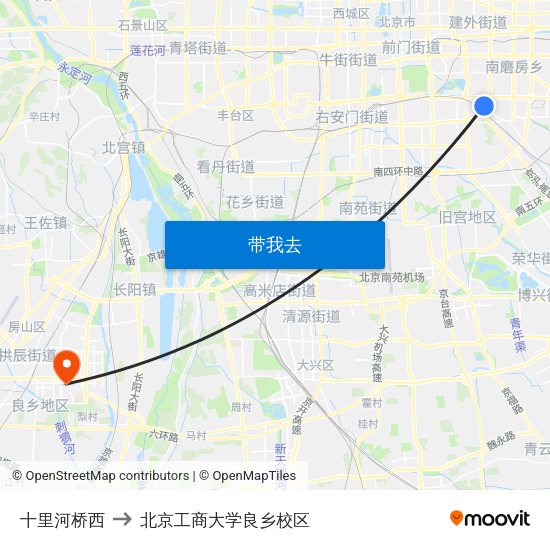十里河桥西 to 北京工商大学良乡校区 map