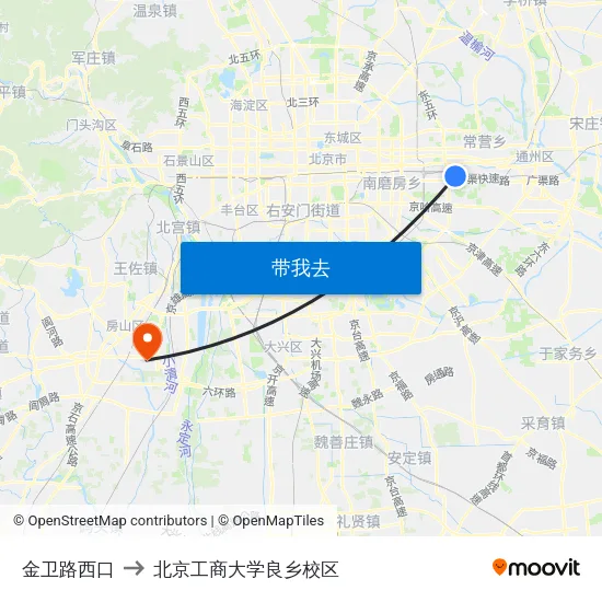金卫路西口 to 北京工商大学良乡校区 map