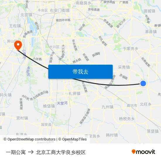 一期公寓 to 北京工商大学良乡校区 map
