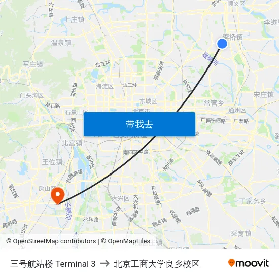 三号航站楼  Terminal 3 to 北京工商大学良乡校区 map