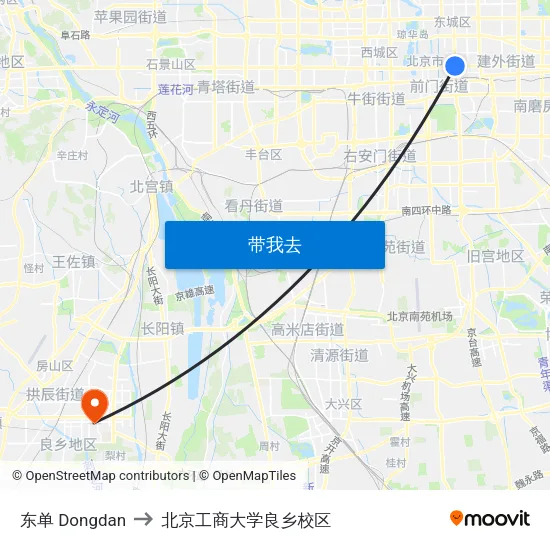 东单 Dongdan to 北京工商大学良乡校区 map