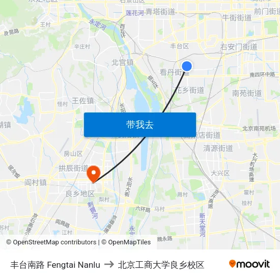 丰台南路 Fengtai Nanlu to 北京工商大学良乡校区 map