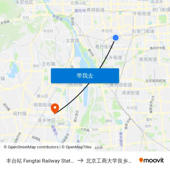 丰台站 Fengtai Railway Station to 北京工商大学良乡校区 map
