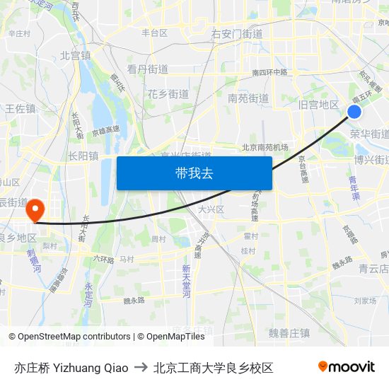 亦庄桥 Yizhuang Qiao to 北京工商大学良乡校区 map