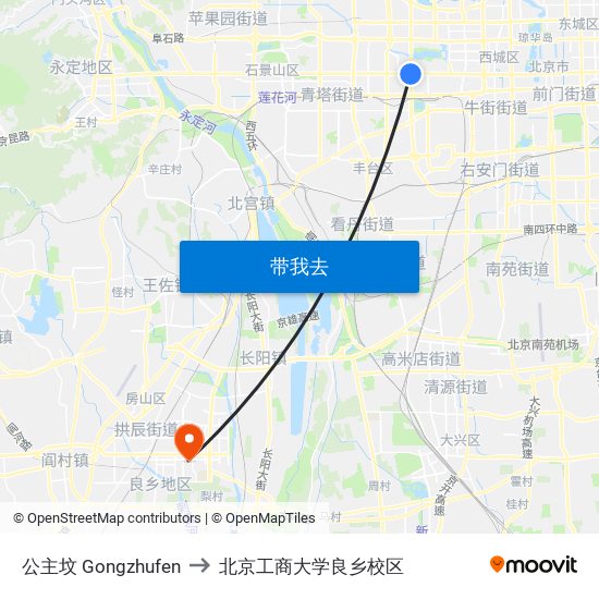 公主坟 Gongzhufen to 北京工商大学良乡校区 map
