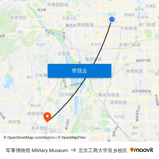 军事博物馆 Military Museum to 北京工商大学良乡校区 map