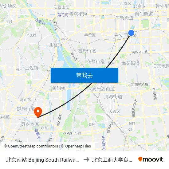 北京南站 Beijing South Railway Station to 北京工商大学良乡校区 map
