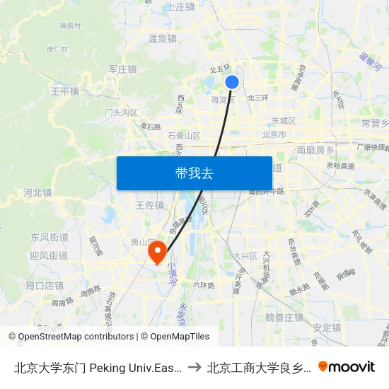 北京大学东门 Peking Univ.East Gate to 北京工商大学良乡校区 map