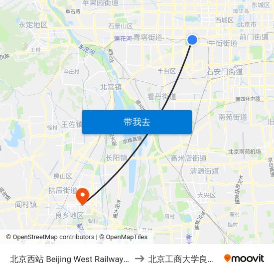 北京西站 Beijing West Railway Station to 北京工商大学良乡校区 map