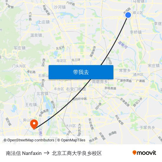 南法信 Nanfaxin to 北京工商大学良乡校区 map