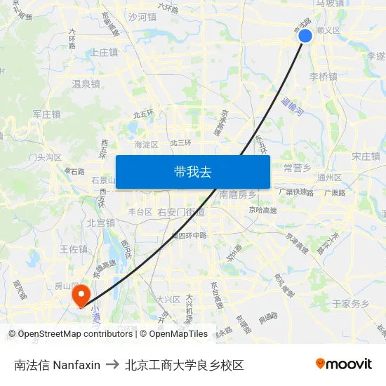 南法信 Nanfaxin to 北京工商大学良乡校区 map
